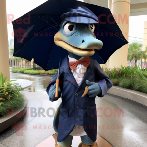 Navy Dimorphodon mascot costume character dressed with a Raincoat and Bow ties