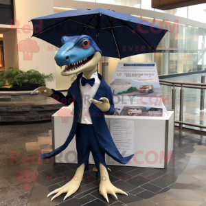 Navy Dimorphodon mascot costume character dressed with a Raincoat and Bow ties