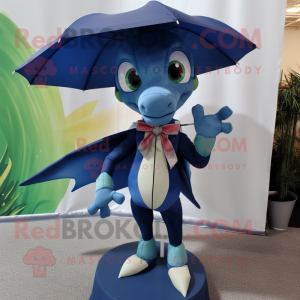 Navy Dimorphodon mascot costume character dressed with a Raincoat and Bow ties