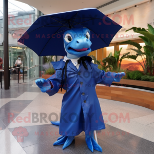 Navy Dimorphodon mascot costume character dressed with a Raincoat and Bow ties