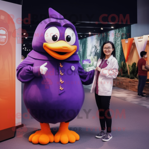 Purple Mandarin mascot costume character dressed with a Mom Jeans and Lapel pins