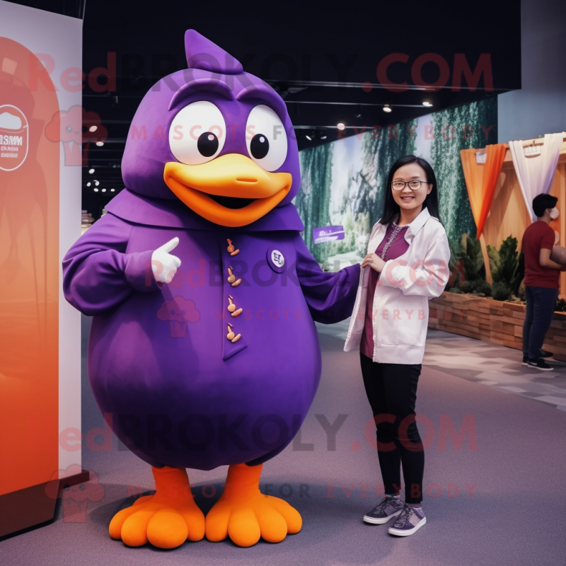 Purple Mandarin mascot costume character dressed with a Mom Jeans and Lapel pins