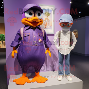 Purple Mandarin mascot costume character dressed with a Mom Jeans and Lapel pins