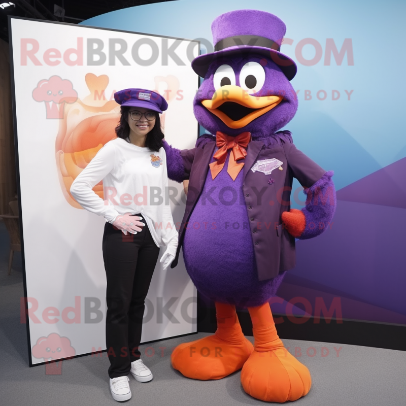 Purple Mandarin mascot costume character dressed with a Mom Jeans and Lapel pins