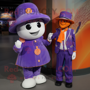 Purple Mandarin mascot costume character dressed with a Mom Jeans and Lapel pins