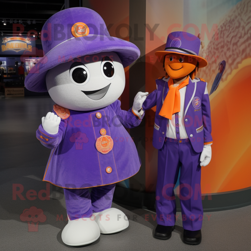 Purple Mandarin mascot costume character dressed with a Mom Jeans and Lapel pins Purple Mandarin mascot costume character dressed with a Mom Jeans and Lapel pins