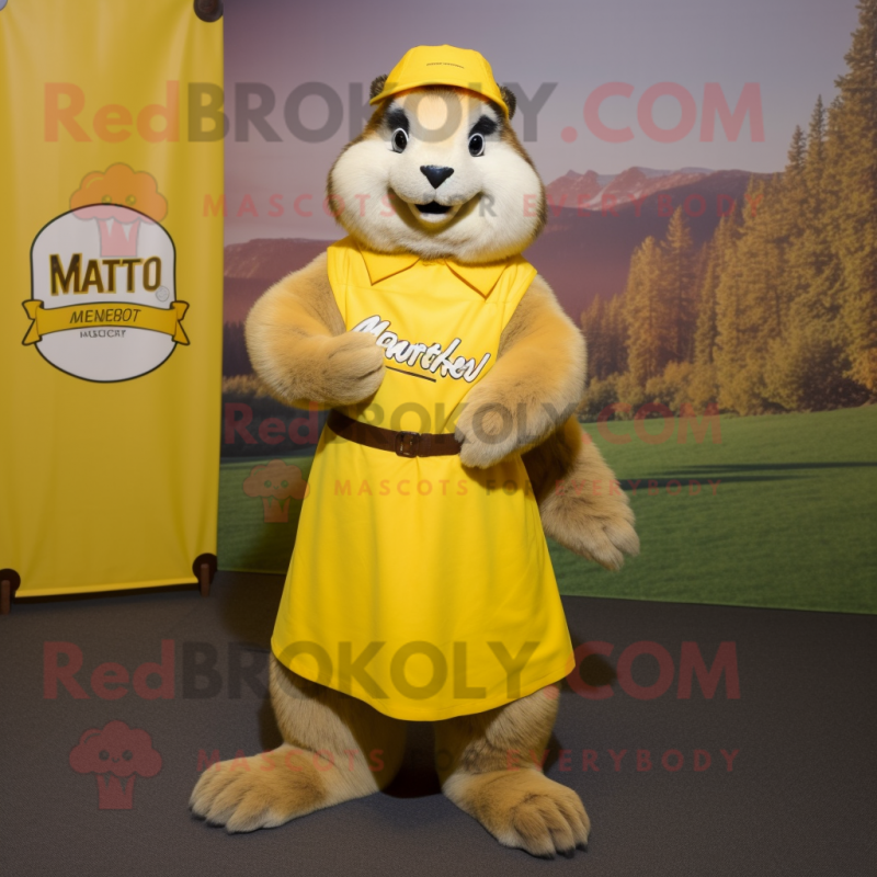 Yellow Marmot mascot costume character dressed with a Wrap Skirt and Shoe clips