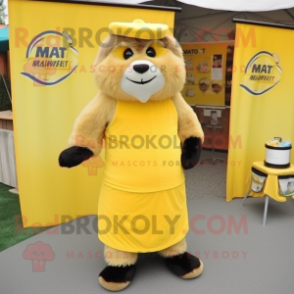 Yellow Marmot mascot costume character dressed with a Wrap Skirt and Shoe clips