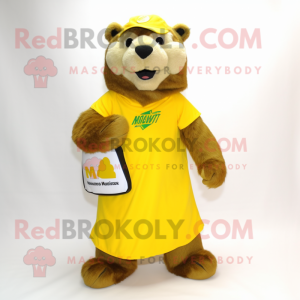 Yellow Marmot mascot costume character dressed with a Wrap Skirt and Shoe clips