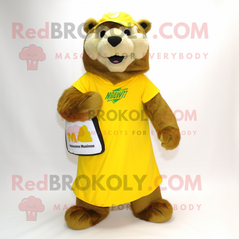 Yellow Marmot mascot costume character dressed with a Wrap Skirt and Shoe clips Yellow Marmot mascot costume character dressed with a Wrap Skirt and Shoe clips