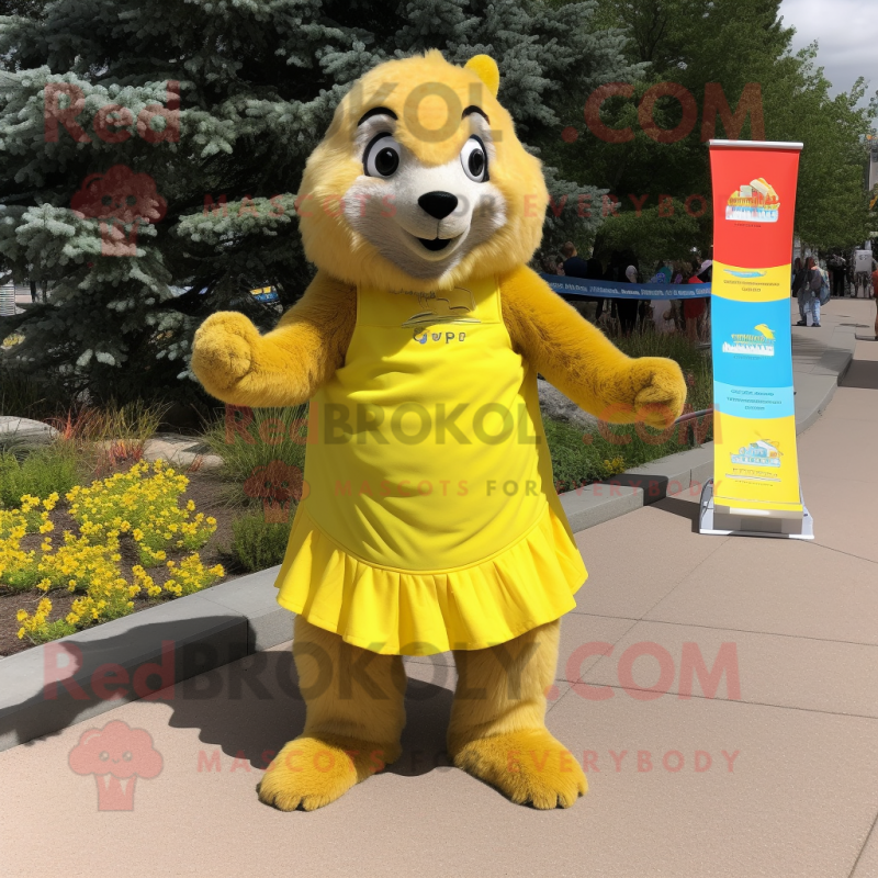Yellow Marmot mascot costume character dressed with a Wrap Skirt and Shoe clips Yellow Marmot mascot costume character dressed with a Wrap Skirt and Shoe clips