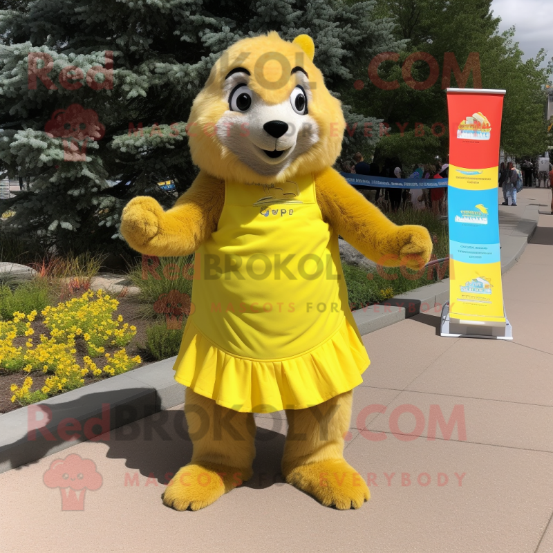 Yellow Marmot mascot costume character dressed with a Wrap Skirt and Shoe clips