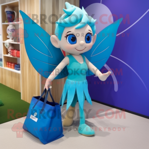 Cyan Tooth Fairy mascot costume character dressed with a Swimwear and Tote bags