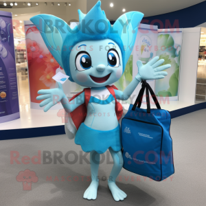 Cyan Tooth Fairy mascot costume character dressed with a Swimwear and Tote bags