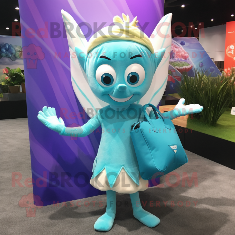 Cyan Tooth Fairy mascot costume character dressed with a Swimwear and Tote bags Cyan Tooth Fairy mascot costume character dressed with a Swimwear and Tote bags