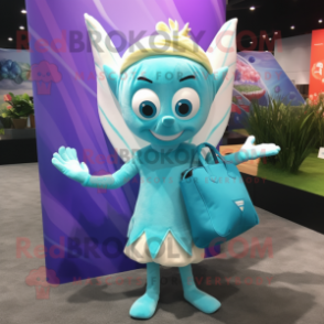 Cyan Tooth Fairy mascot costume character dressed with a Swimwear and Tote bags