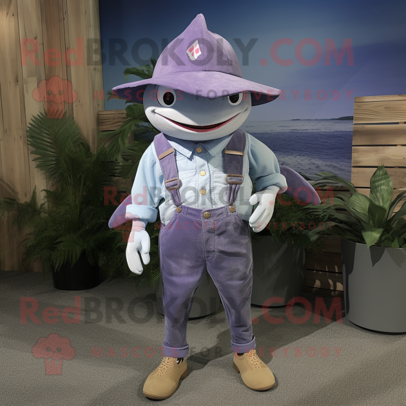 Lavender Shark mascot costume character dressed with a Denim Shirt and Hats