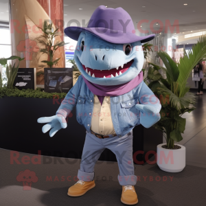 Lavender Shark mascot costume character dressed with a Denim Shirt and Hats