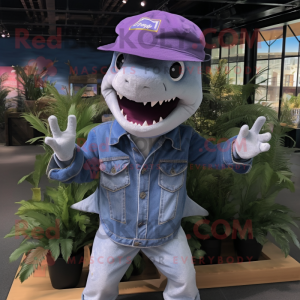 Lavender Shark mascot costume character dressed with a Denim Shirt and Hats