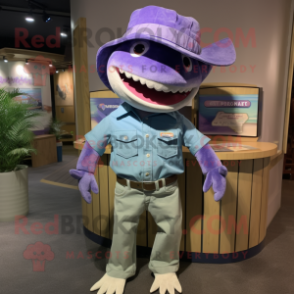 Lavender Shark mascot costume character dressed with a Denim Shirt and Hats