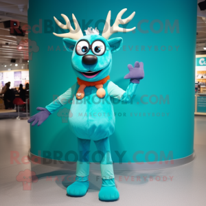 Turquoise Reindeer mascot costume character dressed with a Trousers and Rings