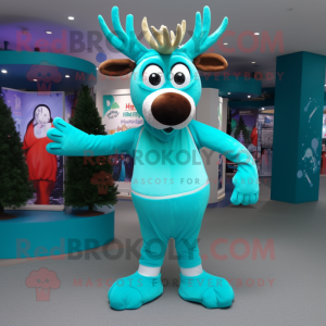 Turquoise Reindeer mascot costume character dressed with a Trousers and Rings