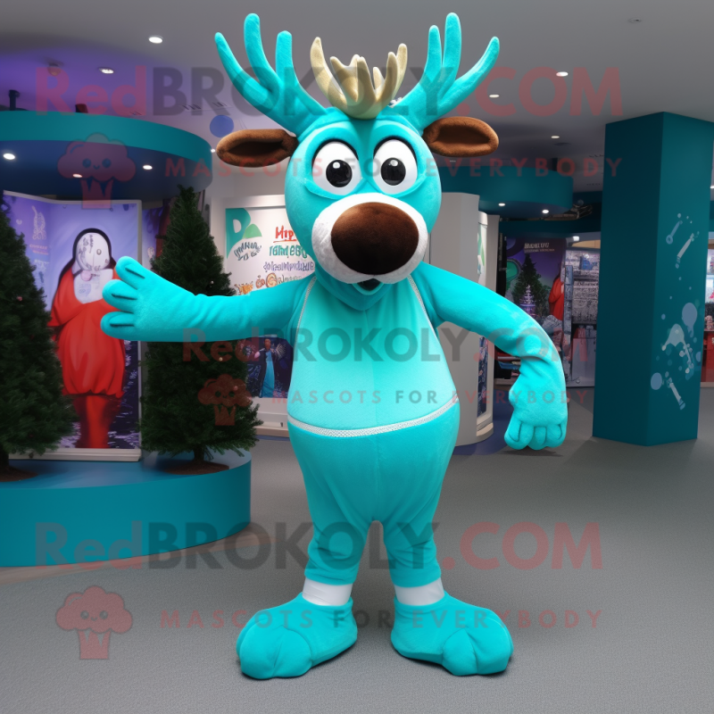 Turquoise Reindeer mascot costume character dressed with a Trousers and Rings Turquoise Reindeer mascot costume character dressed with a Trousers and Rings