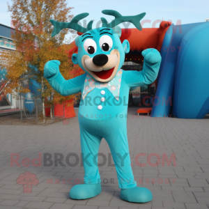 Turquoise Reindeer mascot costume character dressed with a Trousers and Rings