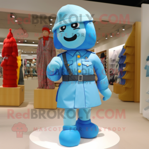 Sky Blue Army Soldier mascot costume character dressed with a Wrap Skirt and Shoe laces
