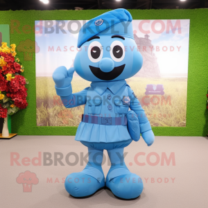 Sky Blue Army Soldier mascot costume character dressed with a Wrap Skirt and Shoe laces