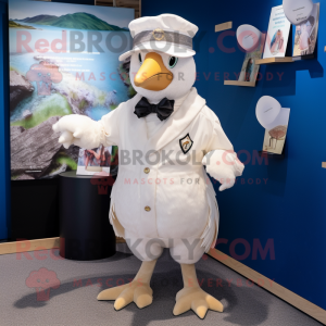 Cream Pigeon mascot costume character dressed with a Playsuit and Hats
