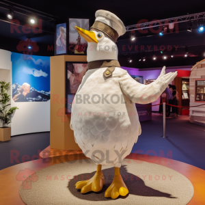 Cream Pigeon mascot costume character dressed with a Playsuit and Hats