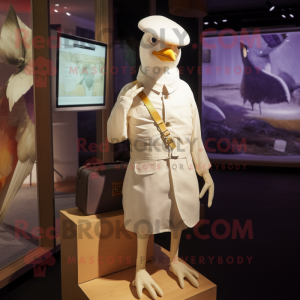 Cream Pigeon mascot costume character dressed with a Playsuit and Hats