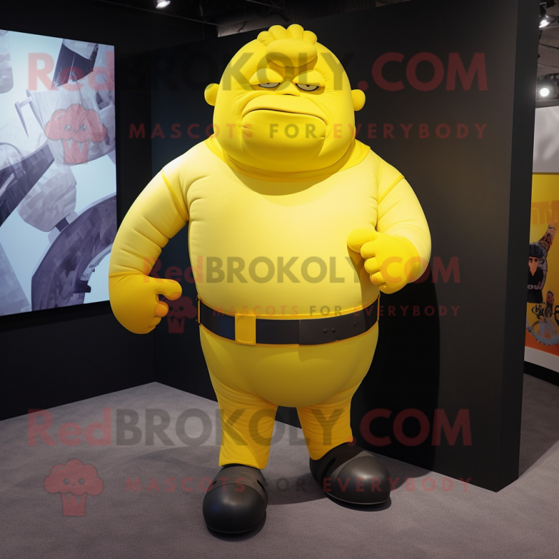 Yellow Strongman mascot costume character dressed with a Turtleneck and Pocket squares Yellow Strongman mascot costume character dressed with a Turtleneck and Pocket squares