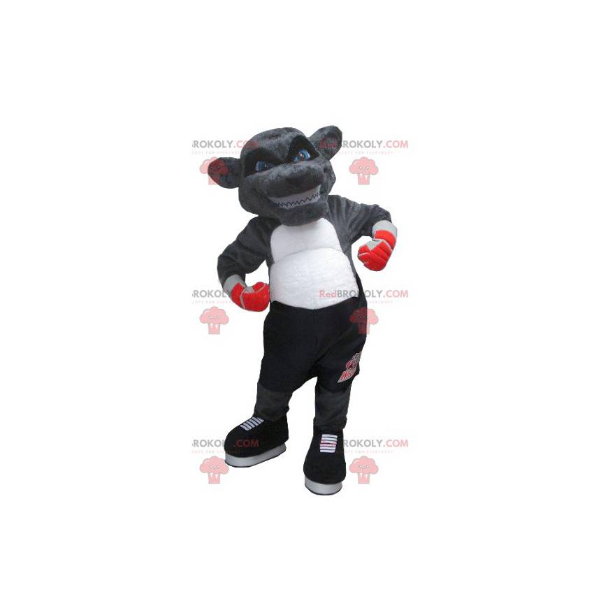 Mascotte d'ours gris de yenne en tenue de boxeur -