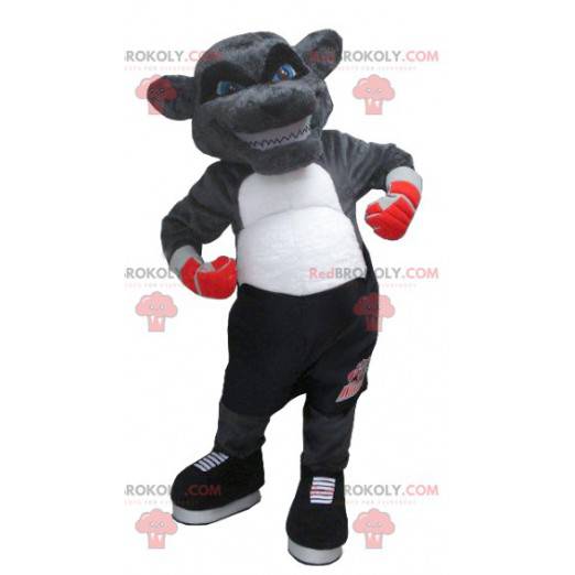 Urso cinza mascote yenne em traje de boxer - Redbrokoly.com