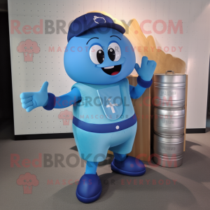 Blue Champagne mascot costume character dressed with a Tank Top and Messenger bags