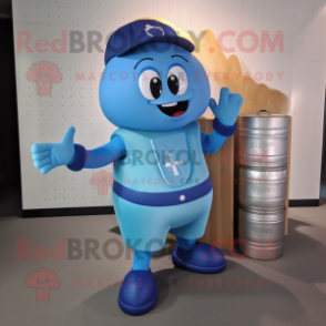 Blue Champagne mascot costume character dressed with a Tank Top and Messenger bags