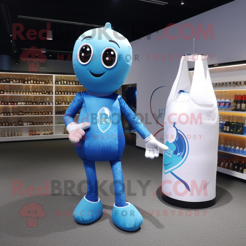 Blue Champagne mascot costume character dressed with a Tank Top and Messenger bags Blue Champagne mascot costume character dressed with a Tank Top and Messenger bags