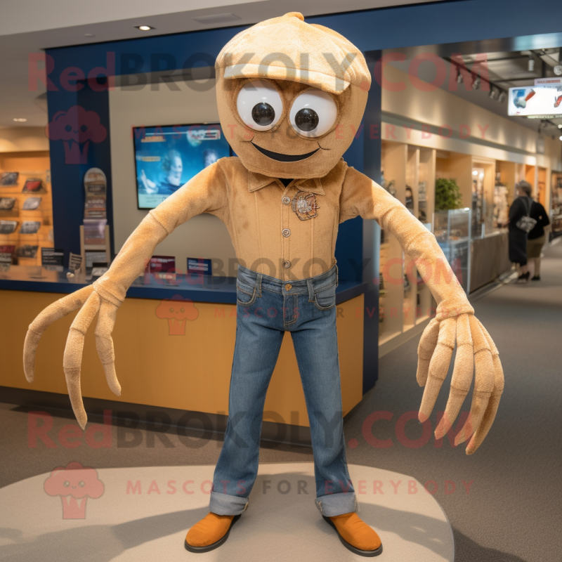 Tan Spider mascot costume character dressed with a Jeans and Headbands