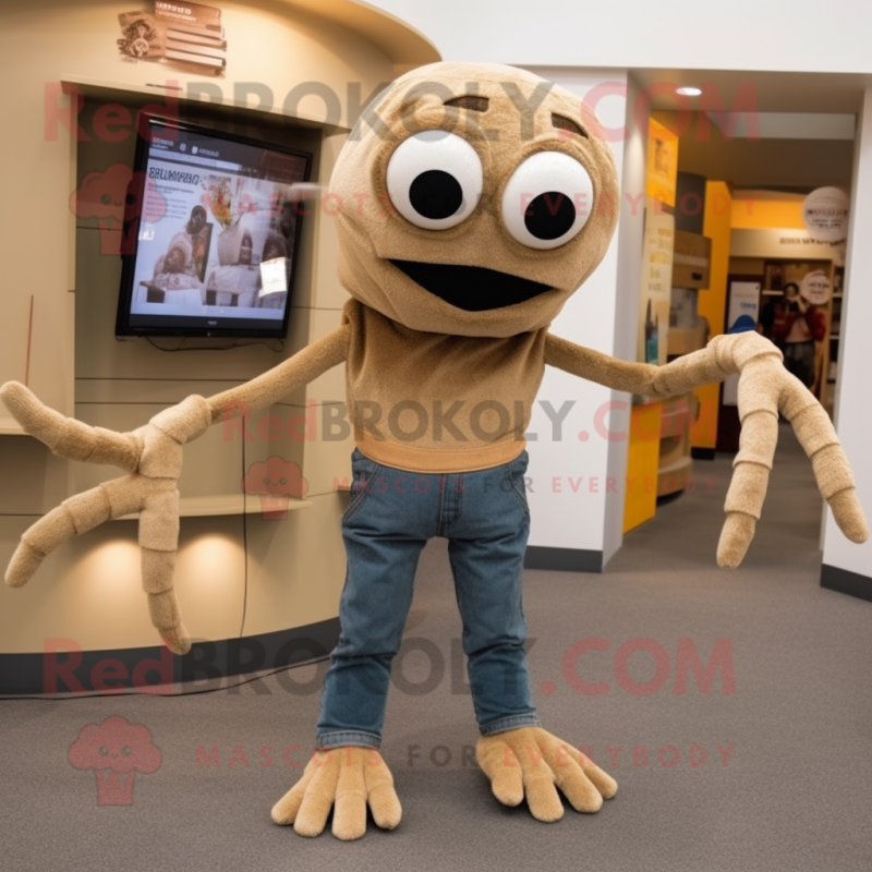 Tan Spider mascot costume character dressed with a Jeans and Headbands Tan Spider mascot costume character dressed with a Jeans and Headbands