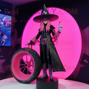 Pink Witch'S Hat mascot costume character dressed with a Biker Jacket and Rings