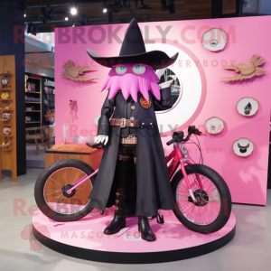 Pink Witch'S Hat mascot costume character dressed with a Biker Jacket and Rings