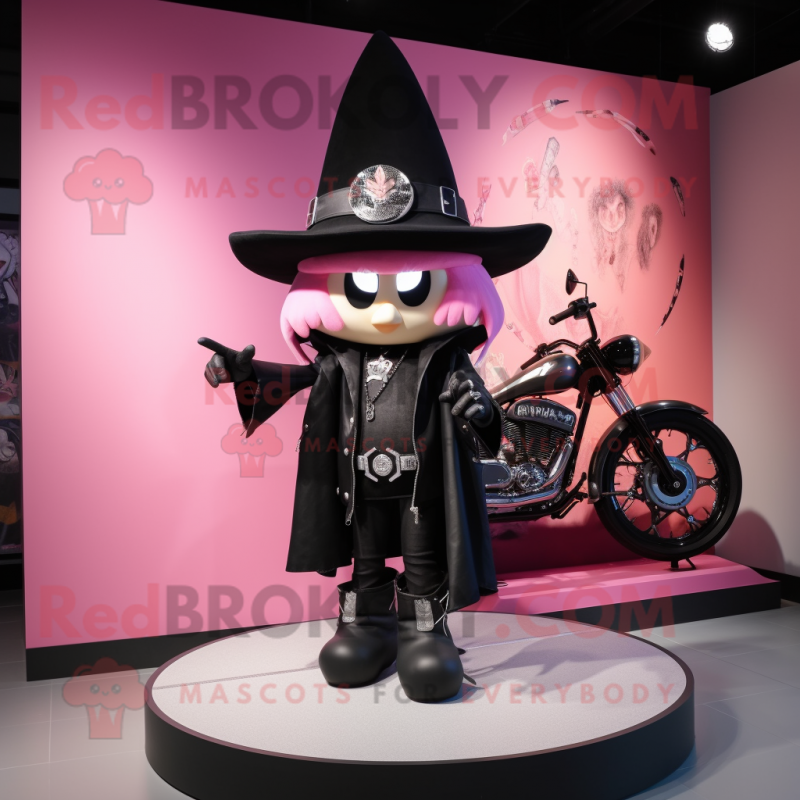 Pink Witch'S Hat mascot costume character dressed with a Biker Jacket and Rings