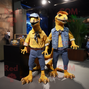 Gold Deinonychus mascot costume character dressed with a Denim Shirt and Keychains