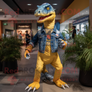 Gold Deinonychus mascot costume character dressed with a Denim Shirt and Keychains