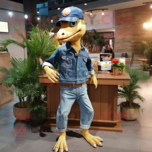 Gold Deinonychus mascot costume character dressed with a Denim Shirt and Keychains