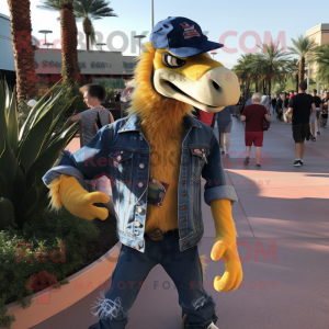 Gold Deinonychus mascot costume character dressed with a Denim Shirt and Keychains