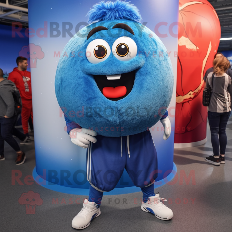 Blue Meatballs mascot costume character dressed with a Sweater and Shoe laces