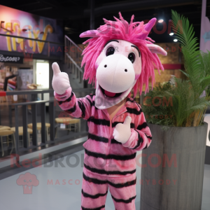 Pink Zebra mascot costume character dressed with a Flannel Shirt and Hairpins